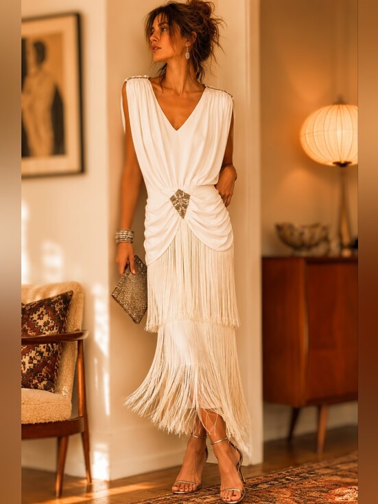 Night Visionz Dresses & Skirts - Vintage Night Visions California Ivory Fringe Cocktail Dress | Rhinestone Beaded